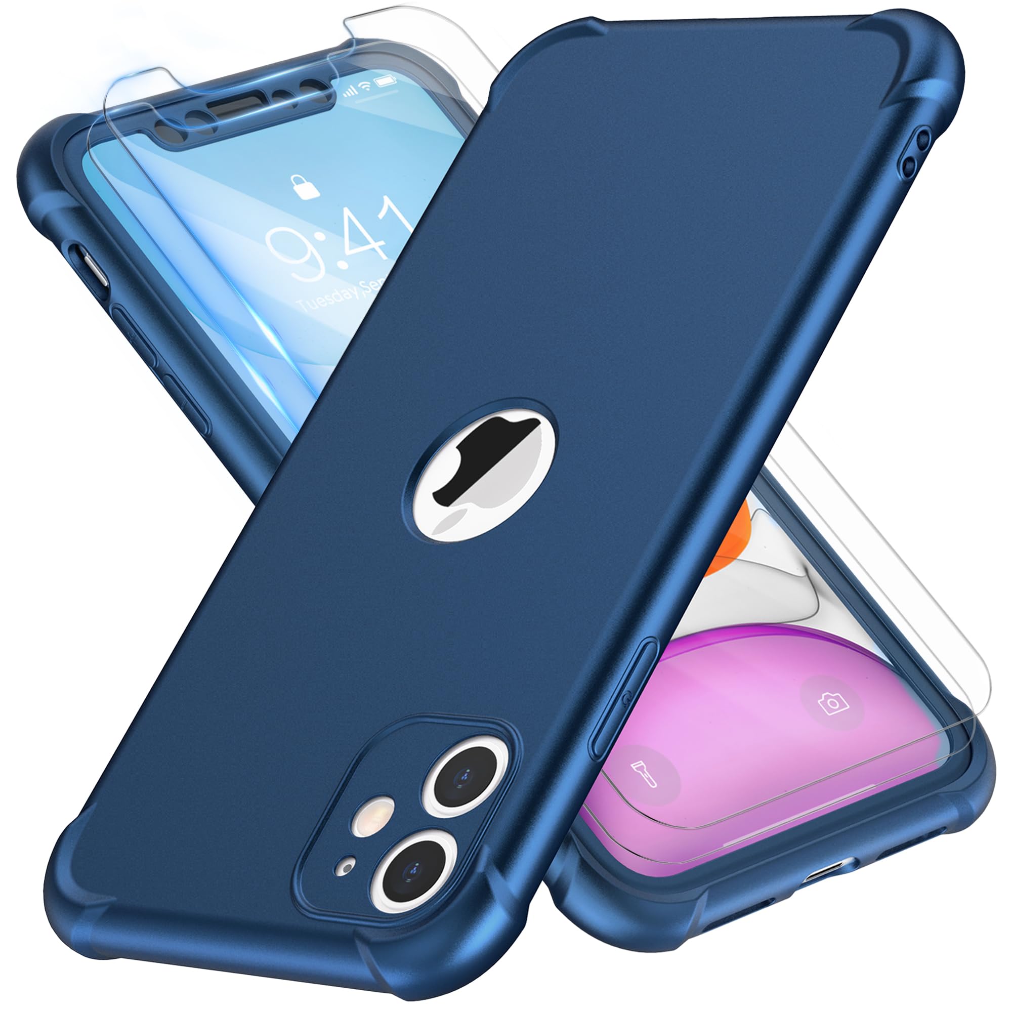 ORETECH for iPhone 11 Case, with [ 2 x Tempered Glass Screen Protector] 360 Shockproof Heavy Duty Protection Ultra Thin Hard PC Silicone TPU Rubber Bumper Cover for iPhone 11(2019) - Blue