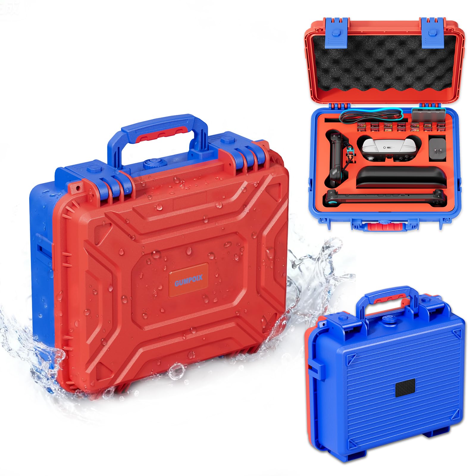 GUMPOIX Carrying Case for Nintendo Switch 2, Professional Deluxe IP67 Waterproof, All in One Soft Lining Hard Travel Case for Nintendo Switch 2 Console Pro Controller, Dock & Accessories, Red&Blue