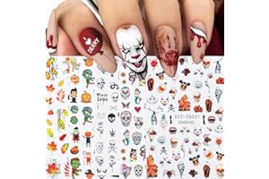 QDSUH Autumn & Halloween Nail Stickers, 9 Sheets Skull Nail Decals 3D Self-Adhesive Fall Leaves Pumpkin Bat Ghost Spider Web Skeleton Pattern Nail Art Design for Thanksgiving Halloween Party