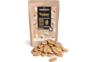 Valrhona Premium French Baking Blonde Chocolate Discs (Feves). DULCEY 35% Cacao. Creamy, Caramel Cookie Flavor Notes. Easy Melt & Tempering. Creamy, Balanced, For Luscious Frostings. 250g (Pack of 1)