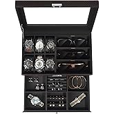 GLJ Jewelry Box for Men, 6 Slot Watch Box Jewelry Organizer With Drawer, Watch Case for Men with Large Window, 2-Layer Watch Holder, Sunglasses Storage Organizer, Velvet Lining, PU Leather, Gift Idea