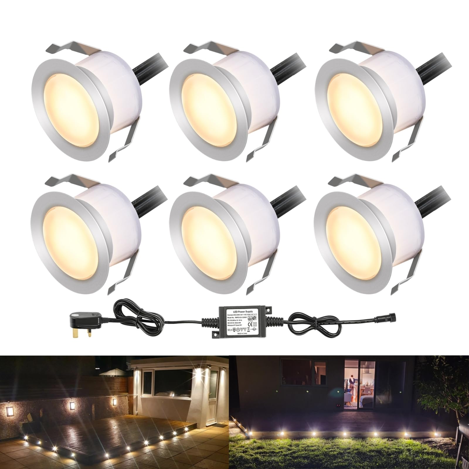 INDARUN Warm White Led Decking Lights Waterproof IP67 1W Ø45MM - Lighting for Terrace/Patio/Path/Wall/Garden/Decoration, 6 Packs