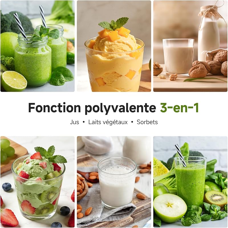 Extracteur de Jus, Fruits Entiers 155mm Large Goulotte, Extraction à Froid Haut Rendement, Facile à Nettoyer, 2,5L Séparateur, Jus du Matin, Petit Déjeuner Sain