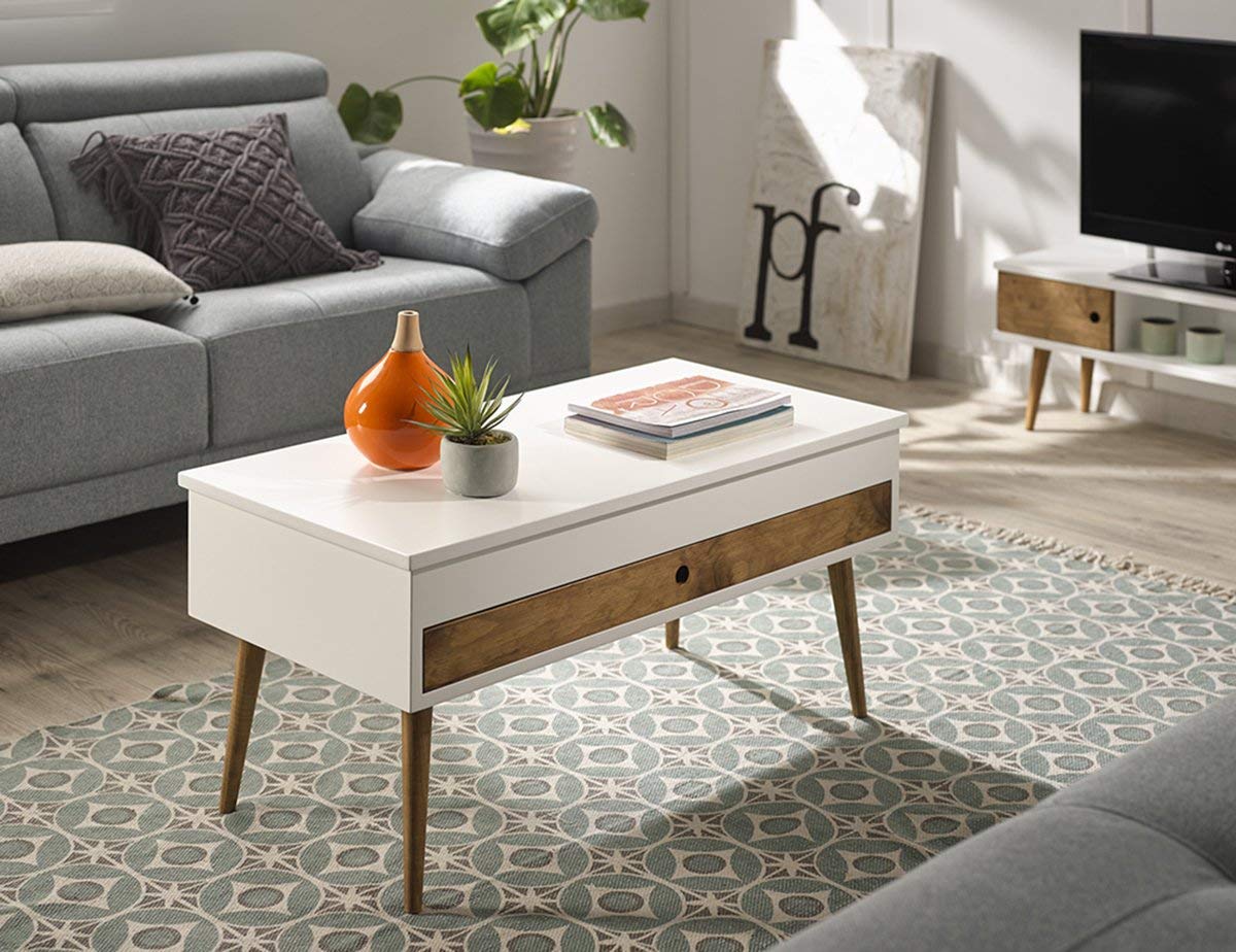 HOGAR24 ES Mesa de Centro elevable con cajón Deslizante diseño Vintage, Madera Maciza