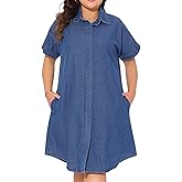Agnes Orinda Plus Size Denim Dress for Women Short Sleeve Button Down with Pockets Midi Jean Denim Shirt Dresses