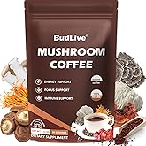 BudLive Mushroom Coffee with Lion's Mane, Reishi & Cordyceps – 6 Mushroom Adaptogen Blend for Focus, Energy, Digestion & Immune Support, Low Acid Instant Coffee Powder, 30 Servings