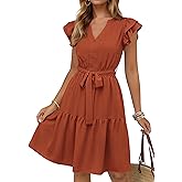 KIRUNDO Summer Dresses for Women 2026 Spring Flutter Sleeve V Neck Ruffle Flowy Tiered Knee Length Beach Vacation Sundress
