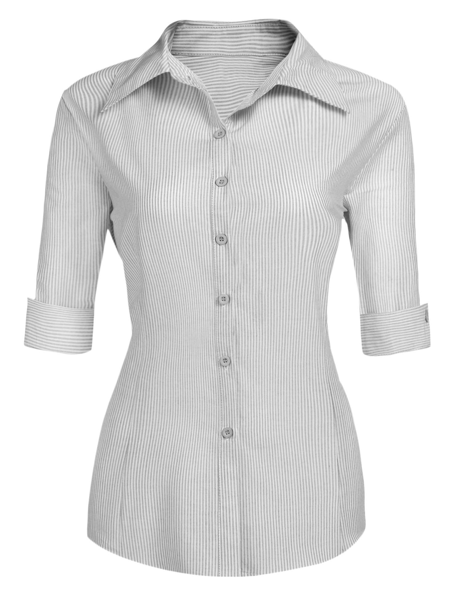 HOTOUCHWomens 3/4 Sleeve Button Down Shirt Slim Fit Work Blouses Cotton Dress Shirts Office Tops