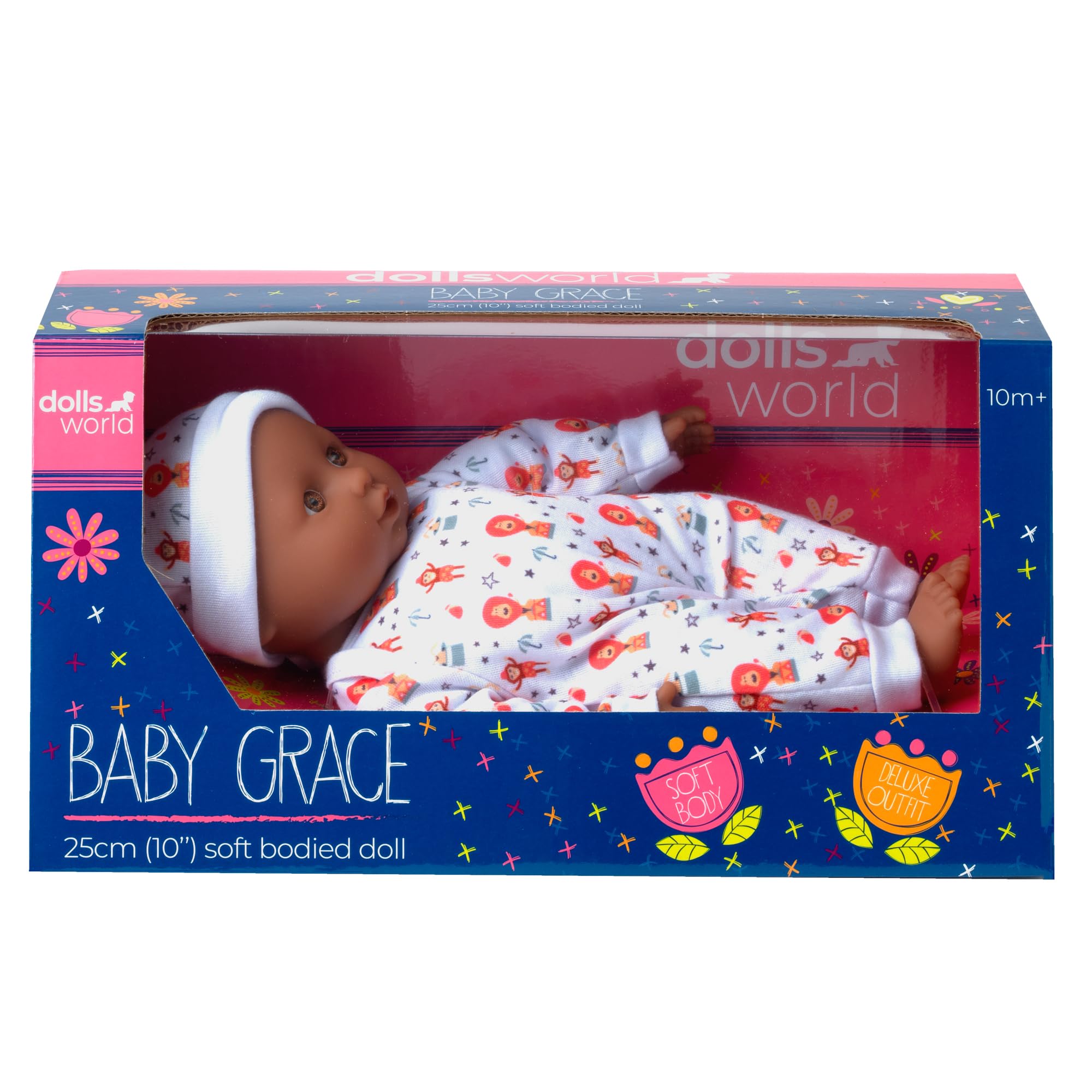 Dolls World from John Adams | Baby Grace Doll | Dark/Black Skin 25cm Soft Bodied Doll with Removable Outfit & Hat | Baby Dolls for Girls with Accessories | Cuddly Toys for Girls Ages 10 Months+