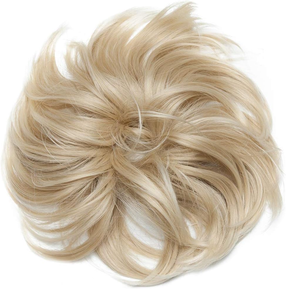 Tousled Updo Messy Bun Hair Piece Hair Extension Ponytail With Elastic Rubber Band Updo Extensions Synthetic Hair Extensions Scrunchies Ponytail Hairpiece for Women Ash Blonde to Bleach Blonde - Image 5
