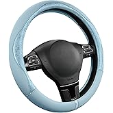 PIC AUTO Steering Wheel Cover, Light Blue Patterned Leather Patchwork Design, Universal Fit 14.5"–15.5", Anti-Slip, Odor-Free, Soft PU Grain Leather, Durable Grip Car Accessory for Girls & Women