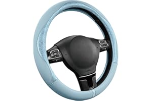 PIC AUTO Steering Wheel Cover, Light Blue Patterned Leather Patchwork Design, Universal Fit 14.5"–15.5", Anti-Slip, Odor-Free, Soft PU Grain Leather, Durable Grip Car Accessory for Girls & Women