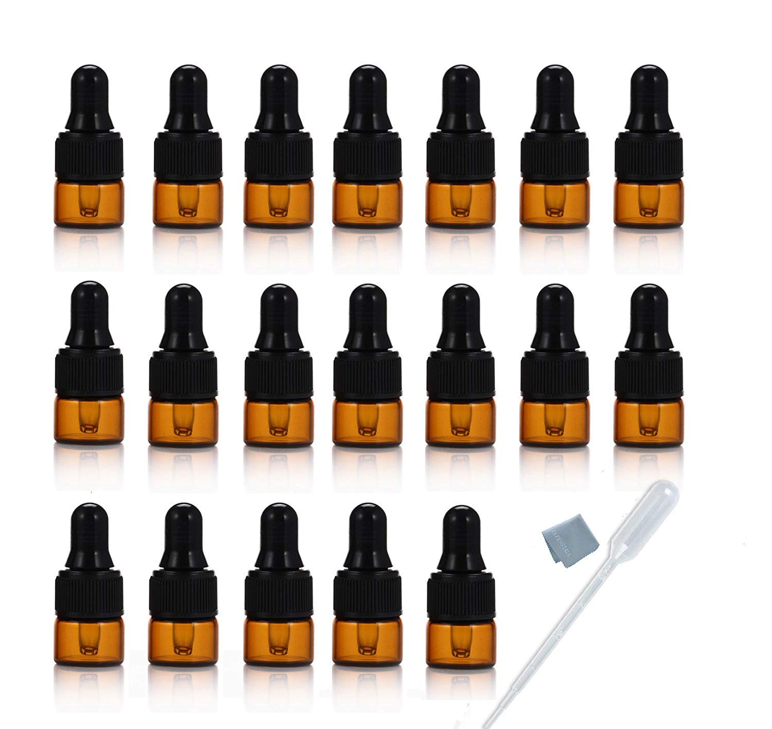Elfenstall 50pcs 1ml Amber Mini Glass Bottle - 1cc Sample Vial with Glass Eye Dropper + Clean Cloth + 1ml Dropper
