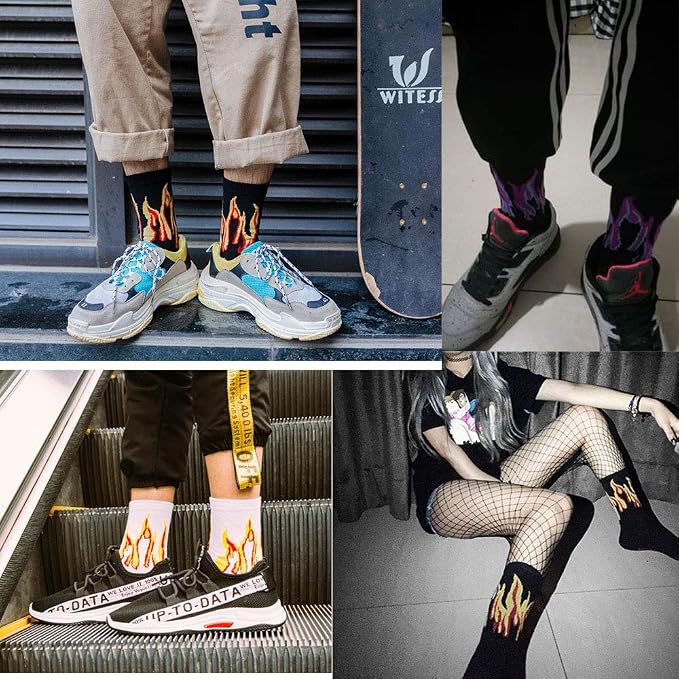 Calcetines unisex con estampado de llama, flamas para Skater monopatín hechos de algodón, color negro