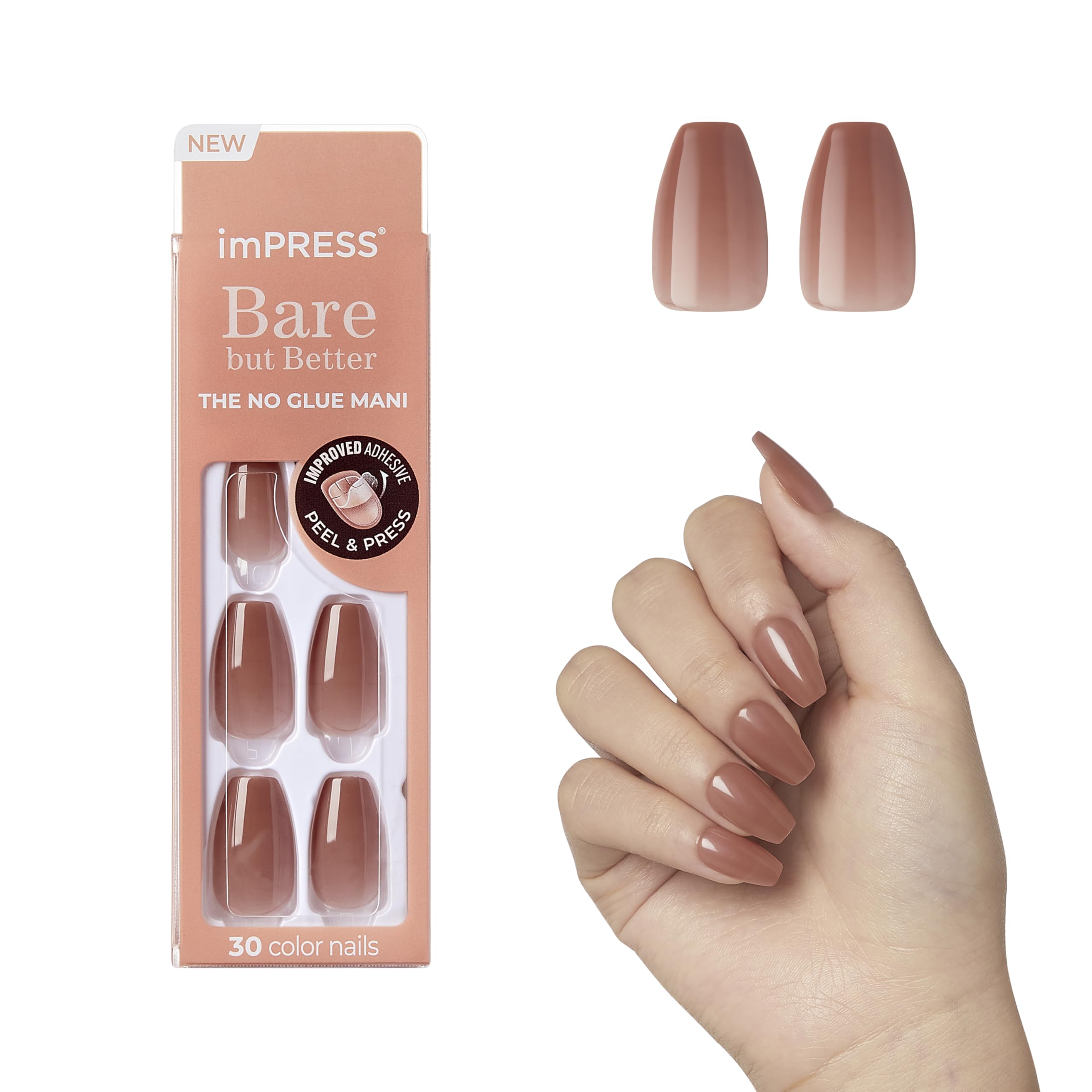 KISS imPRESS No Glue Mani Press-On Nails, Color, 'Flare', Medium Neutral, Medium Size, Coffin Shape, Includes 30 Nails, Prep Pad, Instructions Sheet, 1 Manicure Stick, 1 Mini File