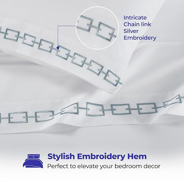 SUPERIOR EMBROIDERED COTTON BED SHEET SET, 1 ELASTIC DEEP POCKET FITTED SHEET, 1 FLAT SHEET, 1 PILLOWCASE, DAILY SOFT SHEETS, LUXURY, UNIQUE DESIGN, CHAIN LINKS COLLECTION, TWIN, WHITE-SILVER