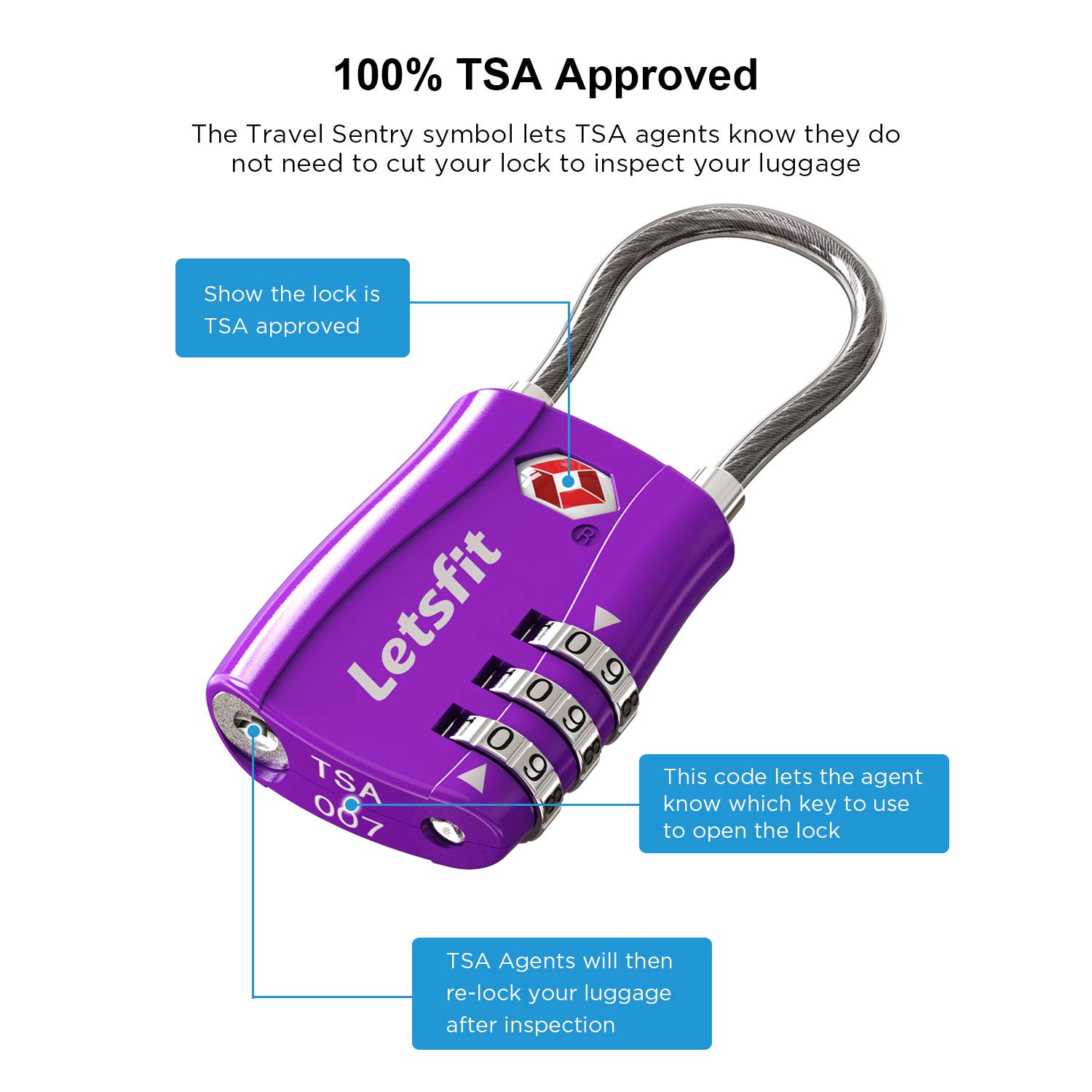 TSA Approved Luggage Locks, Letsfit Travel Combination Cable Luggage Locks, Easy Read Dials, Alloy Body - Ideal for Travel, Lockers, Bags, 4 Pack Purple