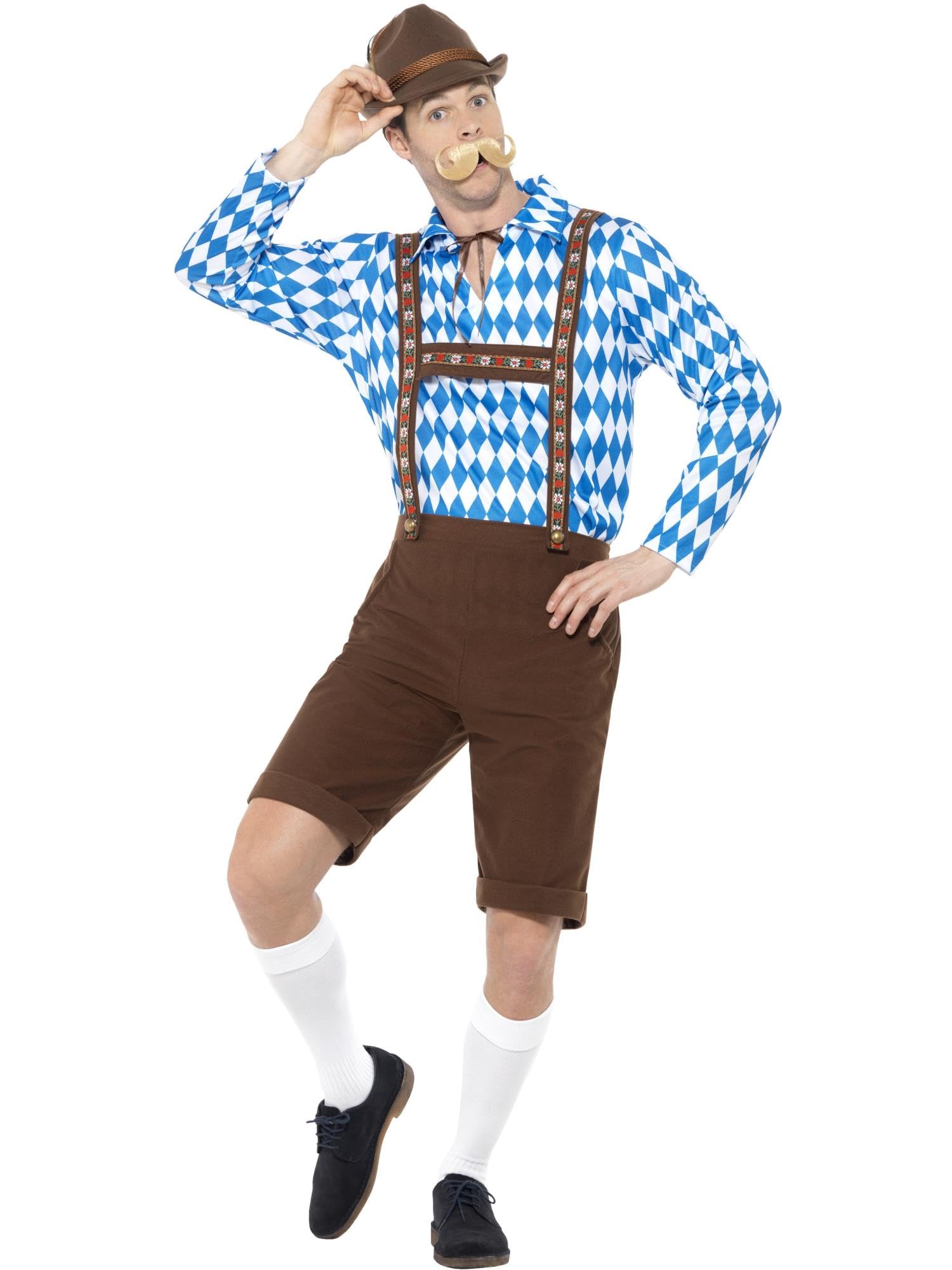Smiffys Bavarian Beer Man Costume, Blue & Brown with Shirt & Lederhosen, Oktoberfest Fancy Dress, Adult Dress Up Costumes