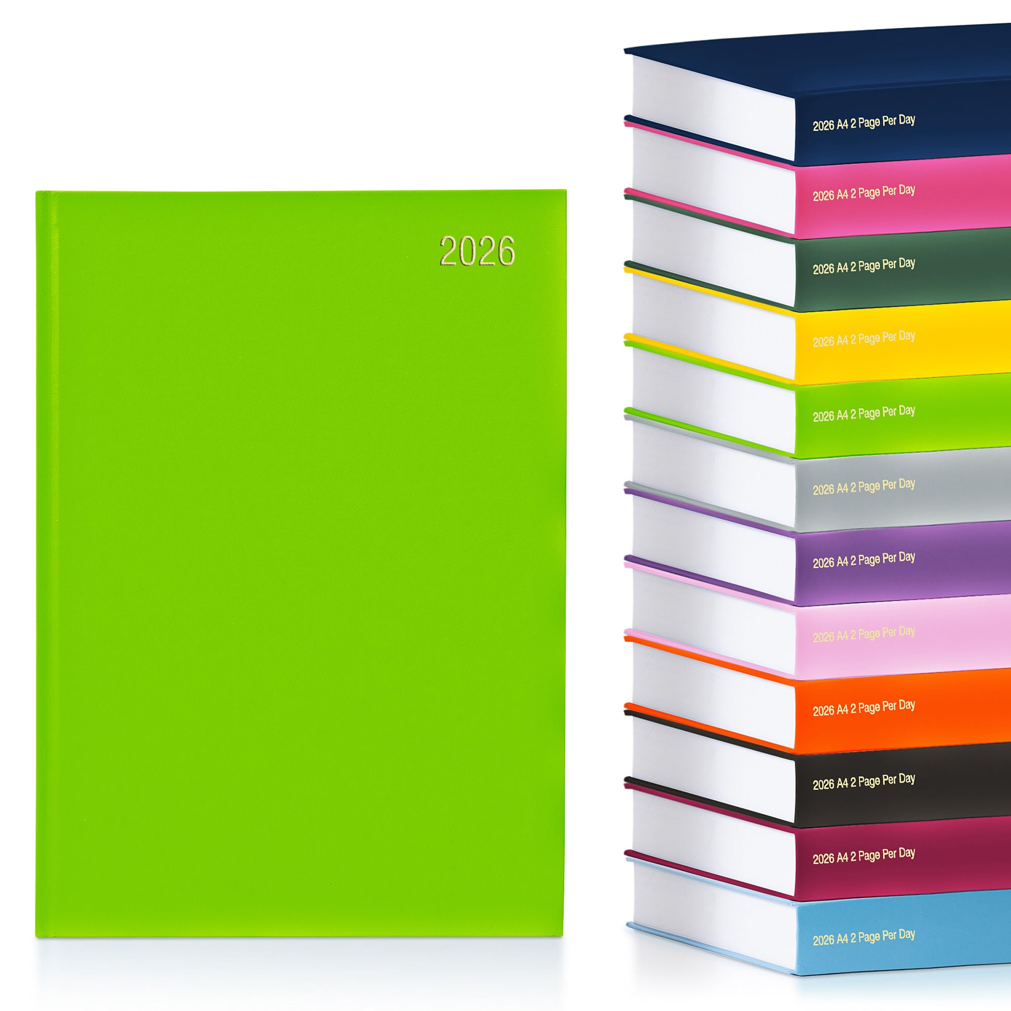 evelay 2026 A4 2 Page Per Day Diary - Hardback Daily Planner Organiser - Large Writing Space for School Home Office & Personal Use (A4, Lime)