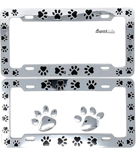 Dog Lover License Plate Frames - 2 Pack Aluminum 'Paw Prints' Design With Screws & Caps (Black/White) - View #5
