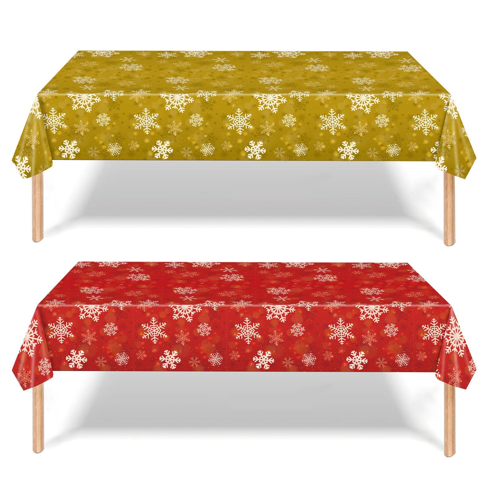 2 Pack Christmas Table Cloth - 137x274cm Rectangle Large Plastic Red Tablecloth Snowflake Party Tableware, Gold Snowflake Xmas Tablecovers for Winter Holiday Dinner Table Cloths