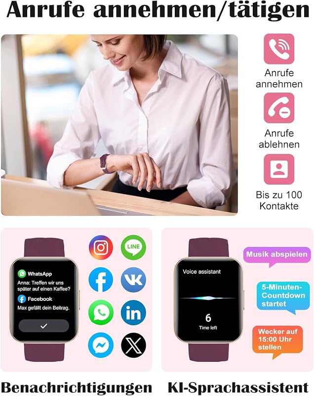 Smartwatch für Damen Herren Bluetooth-Anruffunktion 1.85" HD Fitnessuhr
