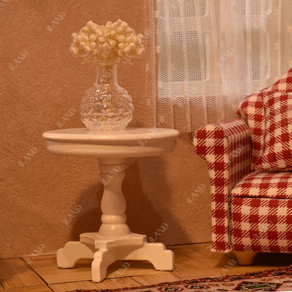iLAND Cute Kids Toys for Girls 6-8 Lovely Dollhouse Furniture on 1/12 Scale Gingham Doll House Couch Set inc 2 Miniature Sofas 1 End Table 1 Rug Small for Girls