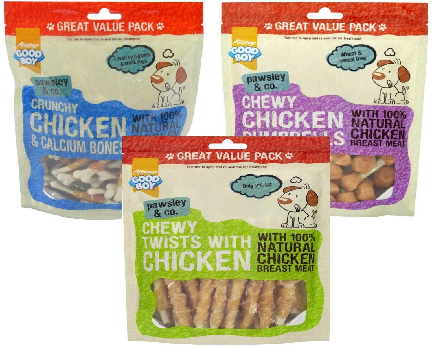 Good Boys MIX SAVER PACK (1 x 320g, 2 x 350g) - Pawsley and Co Chewy Twists with Chicken 320g, Chicken and Calcium Bones 350g, Chewy Chicken Dumbells 350g