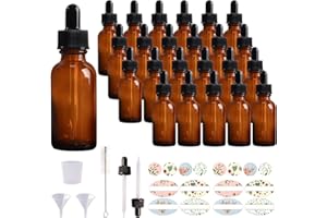 Comrzor 24 Pack 1oz Amber Glass Bottles with Glass Eye Droppers for Essential Oils, Perfumes (Brush, Funnels, 2 Extra Dropper