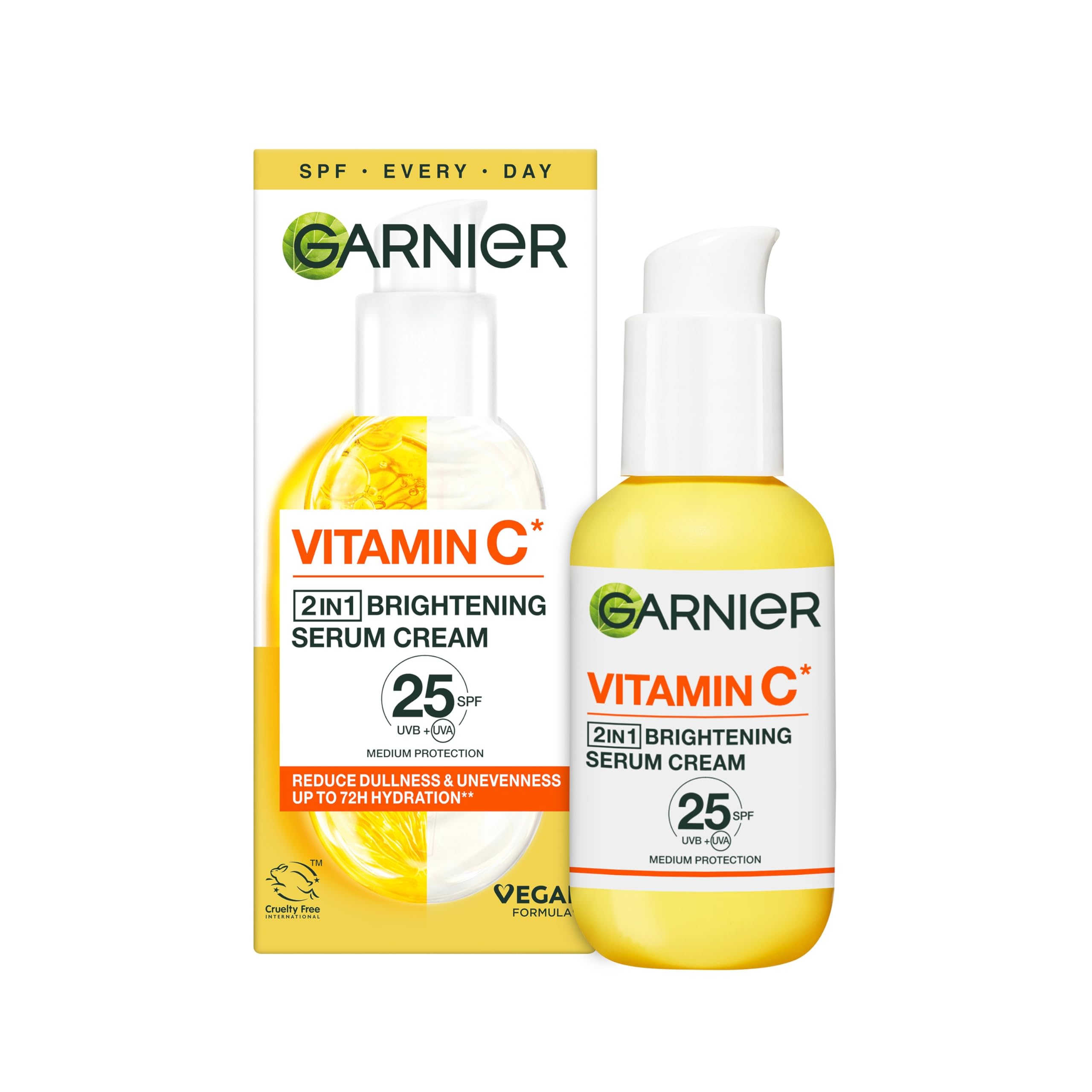 Garnier Vitamin C Serum Cream SPF 25, 2-in-1 Brightening Moisturizer with 20% Vitamin C, Hydrates, Protects and Reveals Bright Glowing Skin, Organic, Cruelty-Free & Vegan, All Skin Types, 50ml