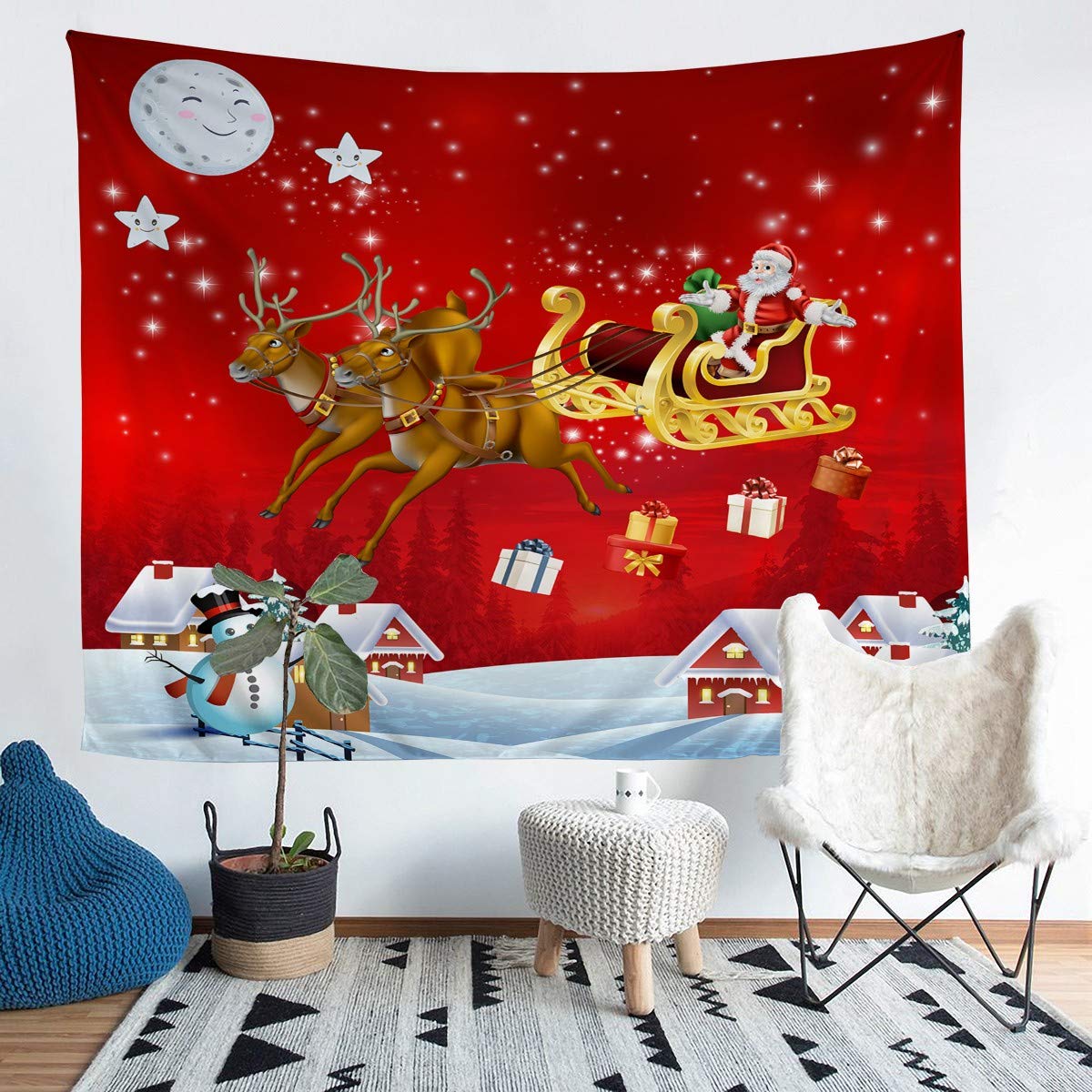 Tbrand Christmas Wall Hanging Tapestry - Santa Claus, Deer, Snowman Print For Kids, Boys, Girls - Xmas Festival Wall Art Decor For Bedroom, Living Room - Medium 51x59 Inch