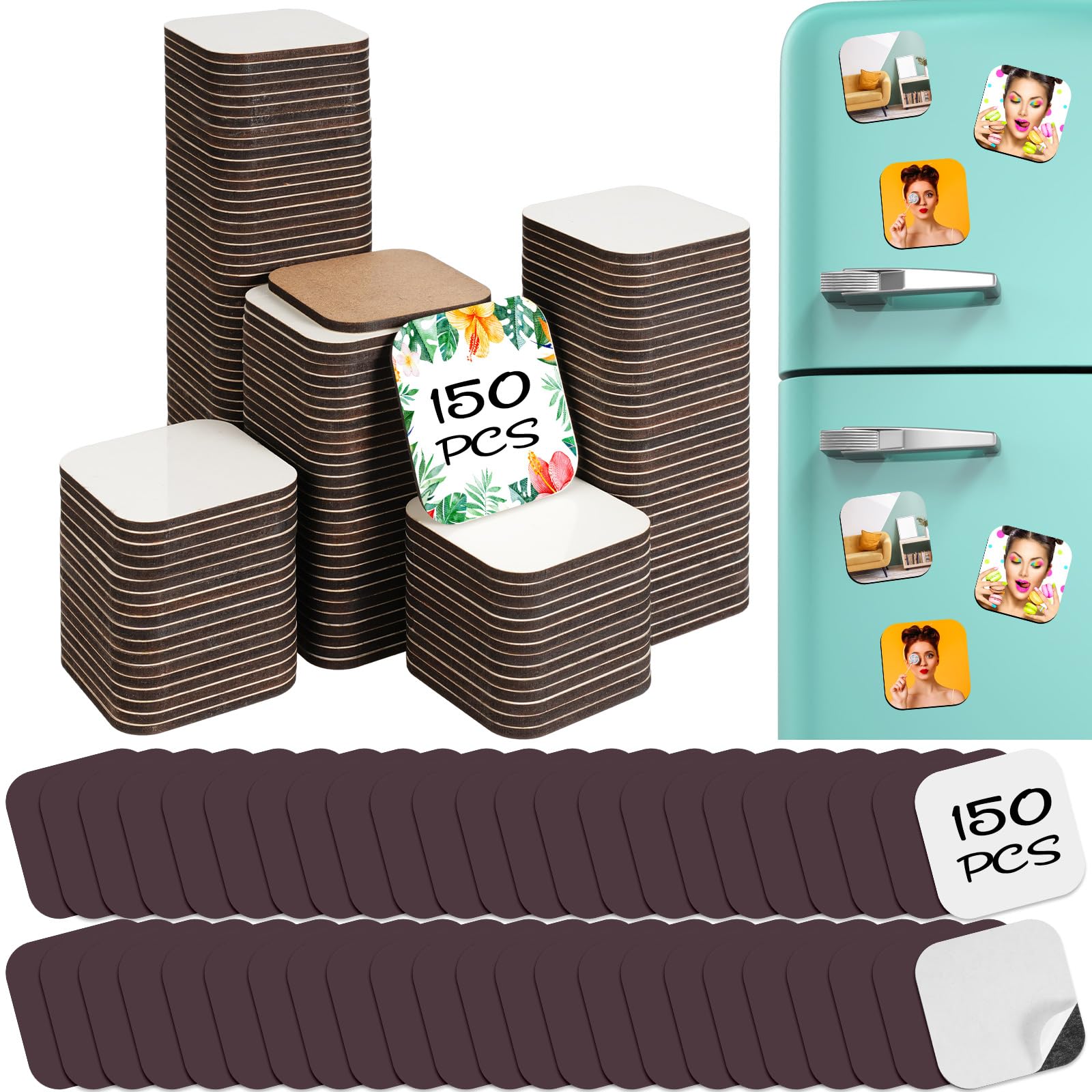 Photo 1 of 150 Pieces Sublimation Magnet Blanks Personalized Square Refrigerator Magnet and Soft Magnetic Sticker for DIY Craft Microwave, Office, Door Decor, Souvenirs, Gifts (5 x 5 x 0.4 cm)