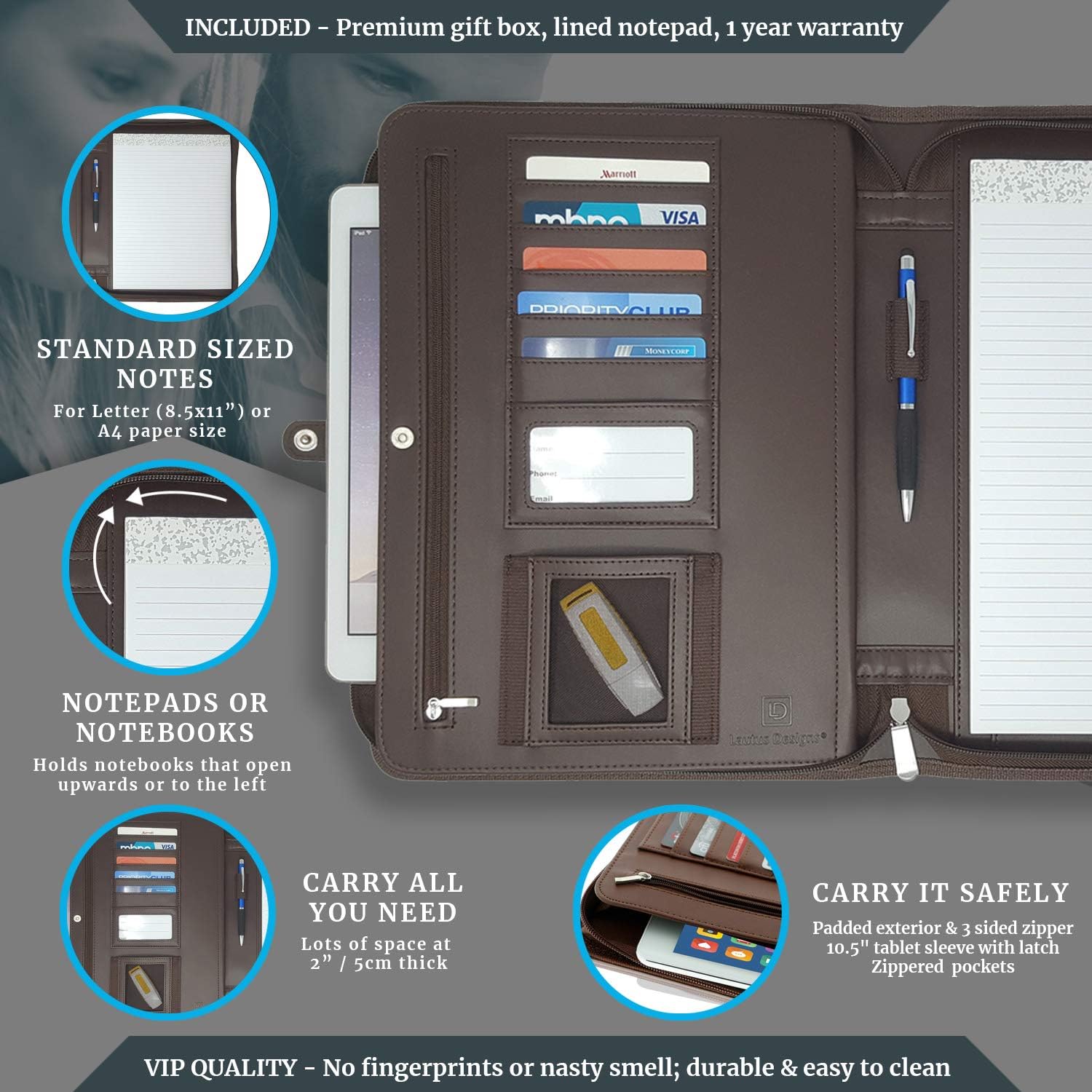 Dark Brown A4 Document Folder, PU Leather Conference Folder Portfolio, Zippered Organiser for Men & Women with A4 Notepad - Image 4