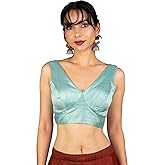 FIGURE'S DESIGNER Women's Dupion Raw Silk Sleeveless V Neck Sabyasachi Cut Readymade Saree Blouse Padded Stitched S4