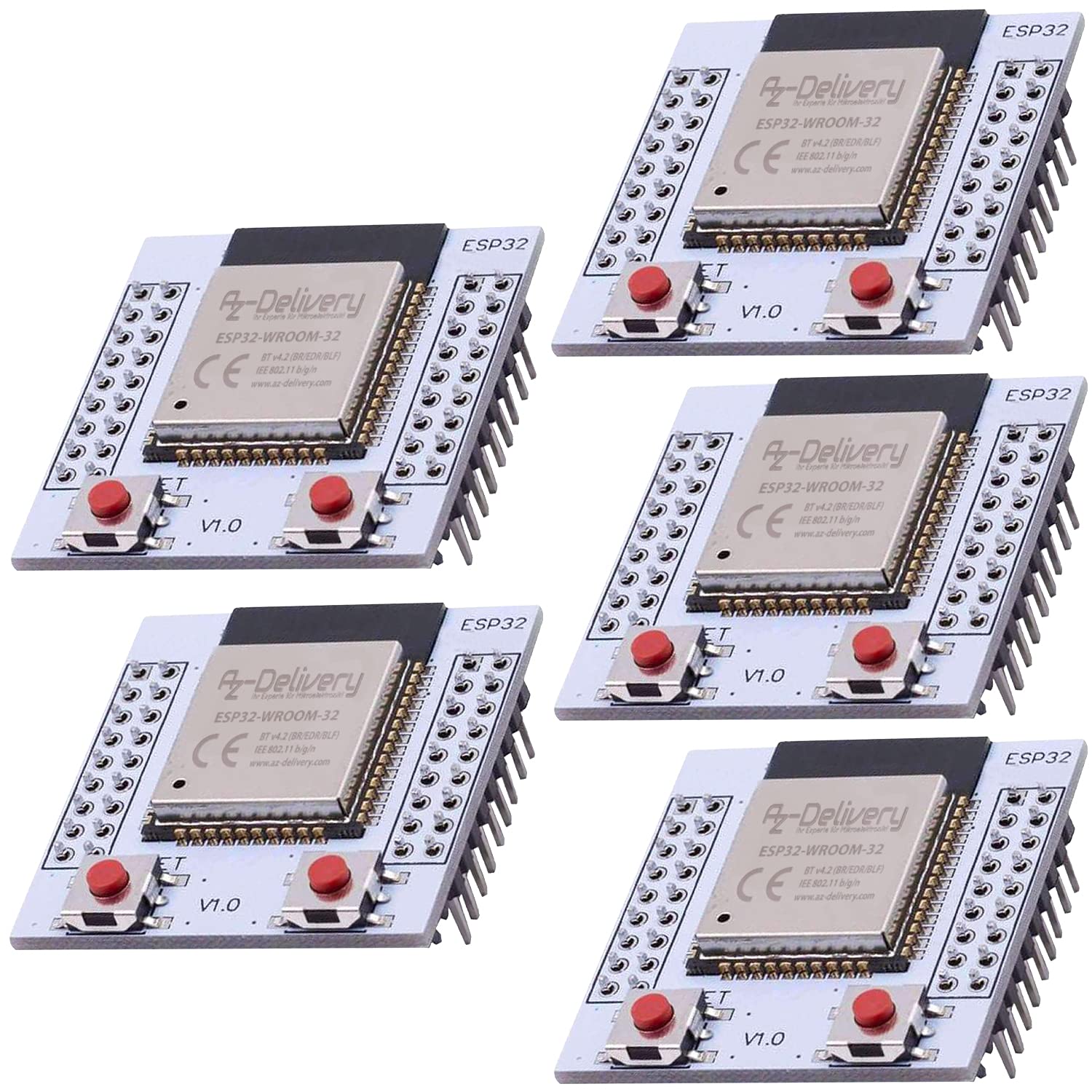 AZDelivery 5 x ESP32 WROOM-32 WLAN WiFi Bluetooth Microcontroller with free Adapter Board compatible with Arduino and Raspberry Pi including E-Book!