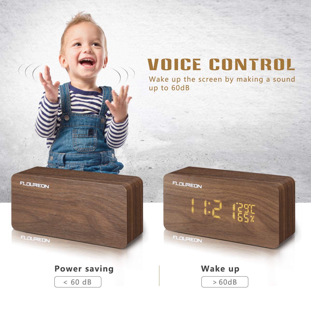FLOUREON Wooden Alarm Clock LED Desk bedside Digital Clock Calendar/Time/Temperature/Humidity Displaying with 3 Brightness Adjustable and 3 Set of Alarm, Dual Power, Voice Control (Brown)