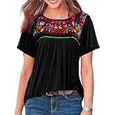 Melliflo Womens Short Sleeve Mexican Shirts Pleated Front Floral Embroidered Tee Shirt Loose Peasant Tunic Tops