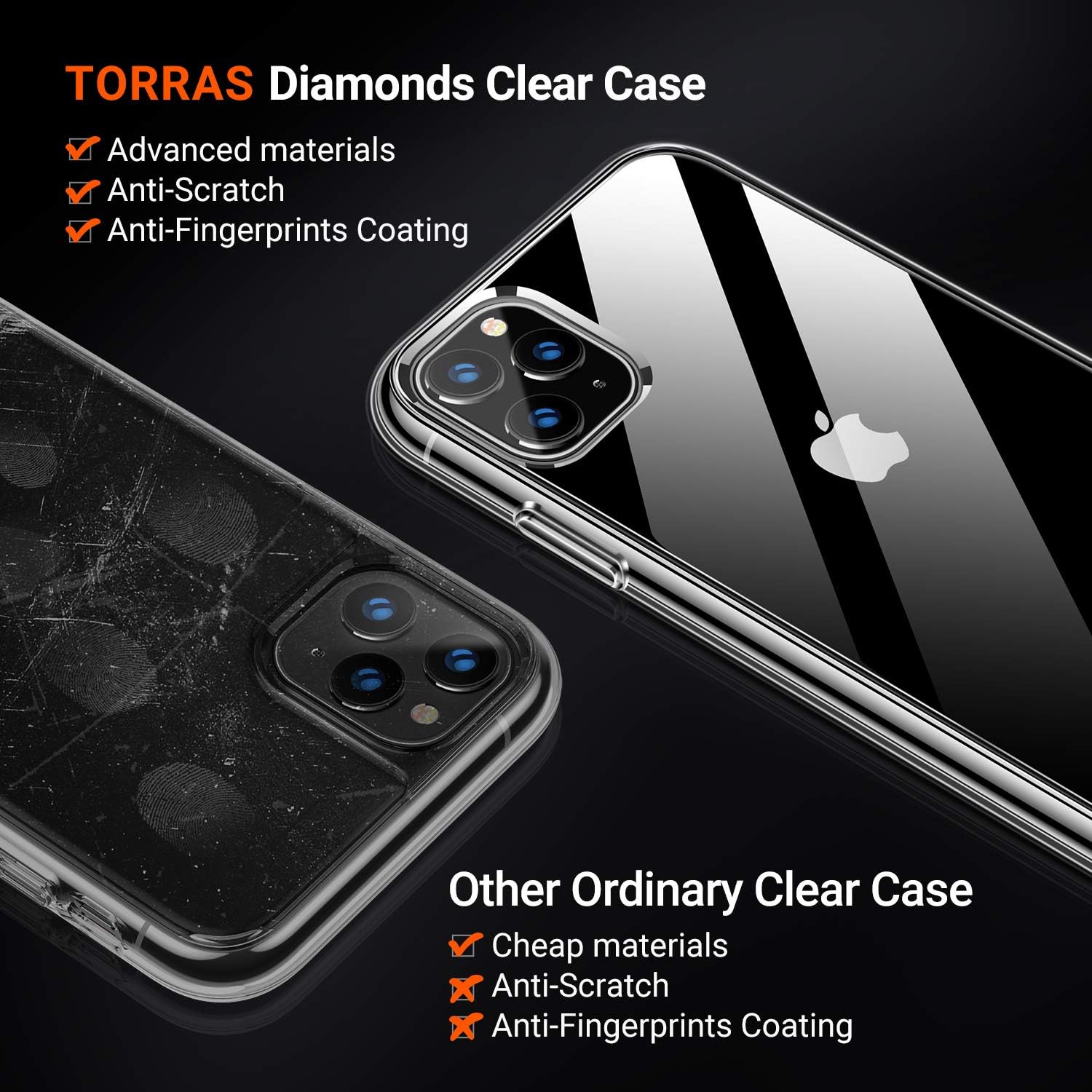 TORRAS Diamonds Clear iPhone 11 Pro Max Case, [Anti-Yellowing][Fully Protective] Slim Fit Shockproof Hard Plastic Back & Soft Silicone Bumper Phone Case Designed for iPhone 11 Pro Max, Transparent: Electronics