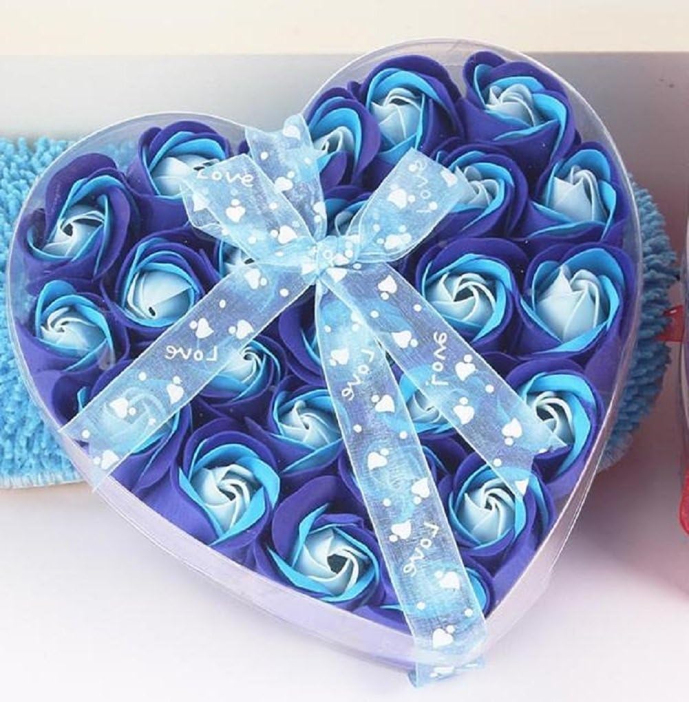 Lovely 24 Pcs Red Scented Bath Soap Rose Petal in Heart Box (Blue)