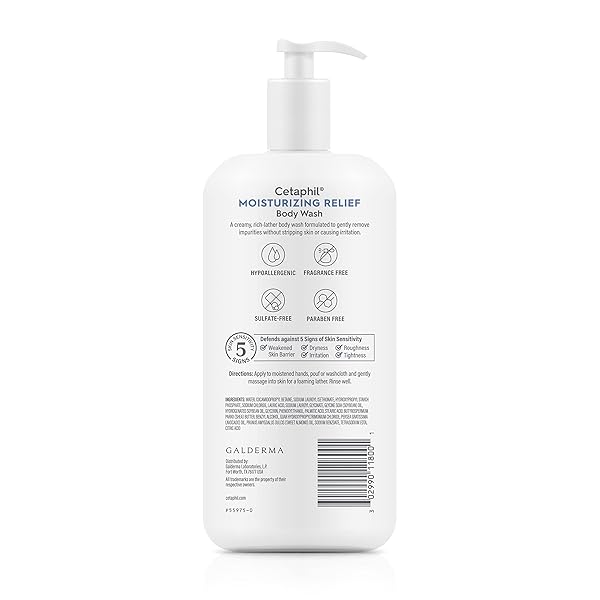 CETAPHIL BODY WASH, MOISTURIZING RELIEF BODY WASH FOR SENSITIVE SKIN, CREAMY RICH FORMULA GENTLY CLEANSES AND GIVES 24 HOUR RELIEF TO DRY SKIN, HYPOALLERGENIC, FRAGRANCE FREE, 20 OZ