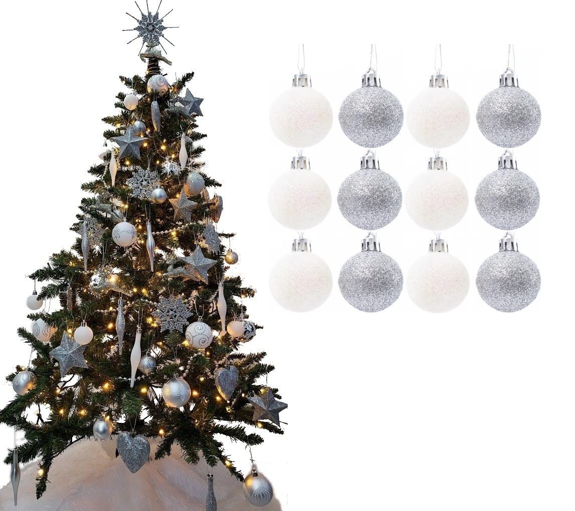 Simply Products Christmas Tree Decoration Baubles 3.8cm - Great Christmas Tree Hanging Ball Decorations, Matte & Glitter Baubles Pack of 12-3.8cm (Silver & White Glitter)