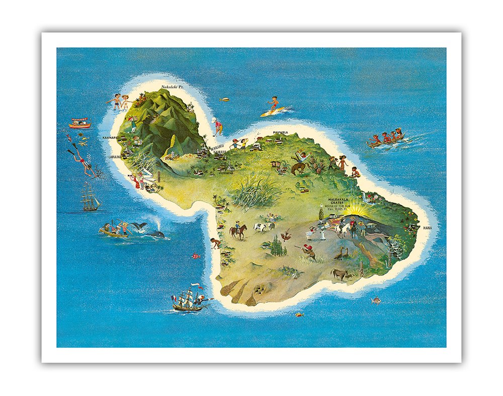 Pacifica Island Art The Island Of Maui Hawaii Vintage Illustrated Pictorial Map By Ray Lanterman C 1962 Fine Art Print 11in X 14in Amazon In Home Kitchen Island Of Maui Map
