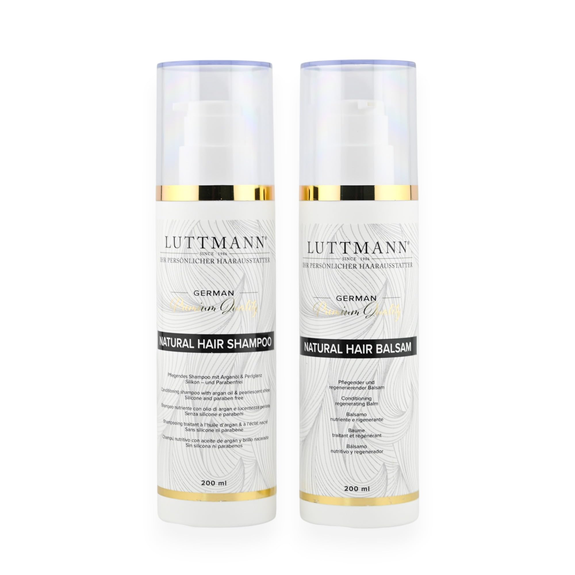 LUTTMANN® Natural Hair Shampoo + Natural Hair Balsam Set 200 ml each - Intensive care for human hair wigs, hairpieces and extensions
