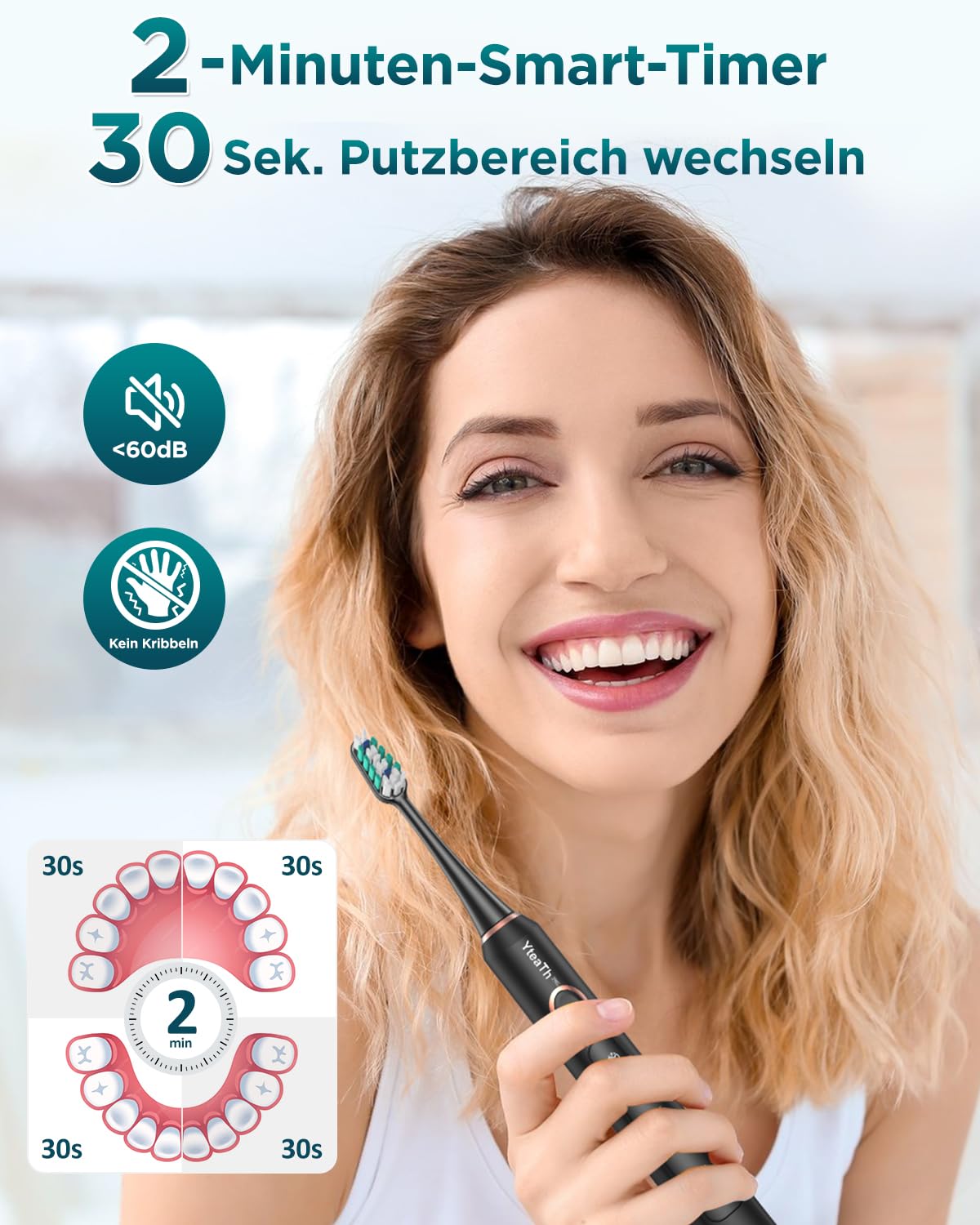 Elektrische Zahnbürste für Erwachsene und Kinder - Schallzahnbürste, Electric Toothbrush mit 8 Bürstenköpfen (3 Typen), 90 Tagen Akkulaufzeit, 5-Modi, 50000VPM, Reiseetui, Timer 6