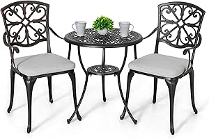 NUU GARDEN Bistro Set 3 Piece Outdoor All Weather Cast Aluminum Patio Bistro Set Patio Table and Chairs Set of 2 with Umbrella Hole and Grey Cushions for Backyard, Balcony, Lawn, Black