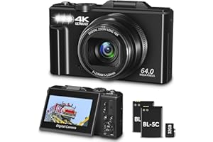 GAVONDE Digital Camera for Photography, WiFi 64MP 4K Vlogging Camera for YouTube, 3" 180° Flip Screen 18X Digital Zoom Compact Vlog Travel Cameras with 32GB TF Card & 2 Batteries, Black