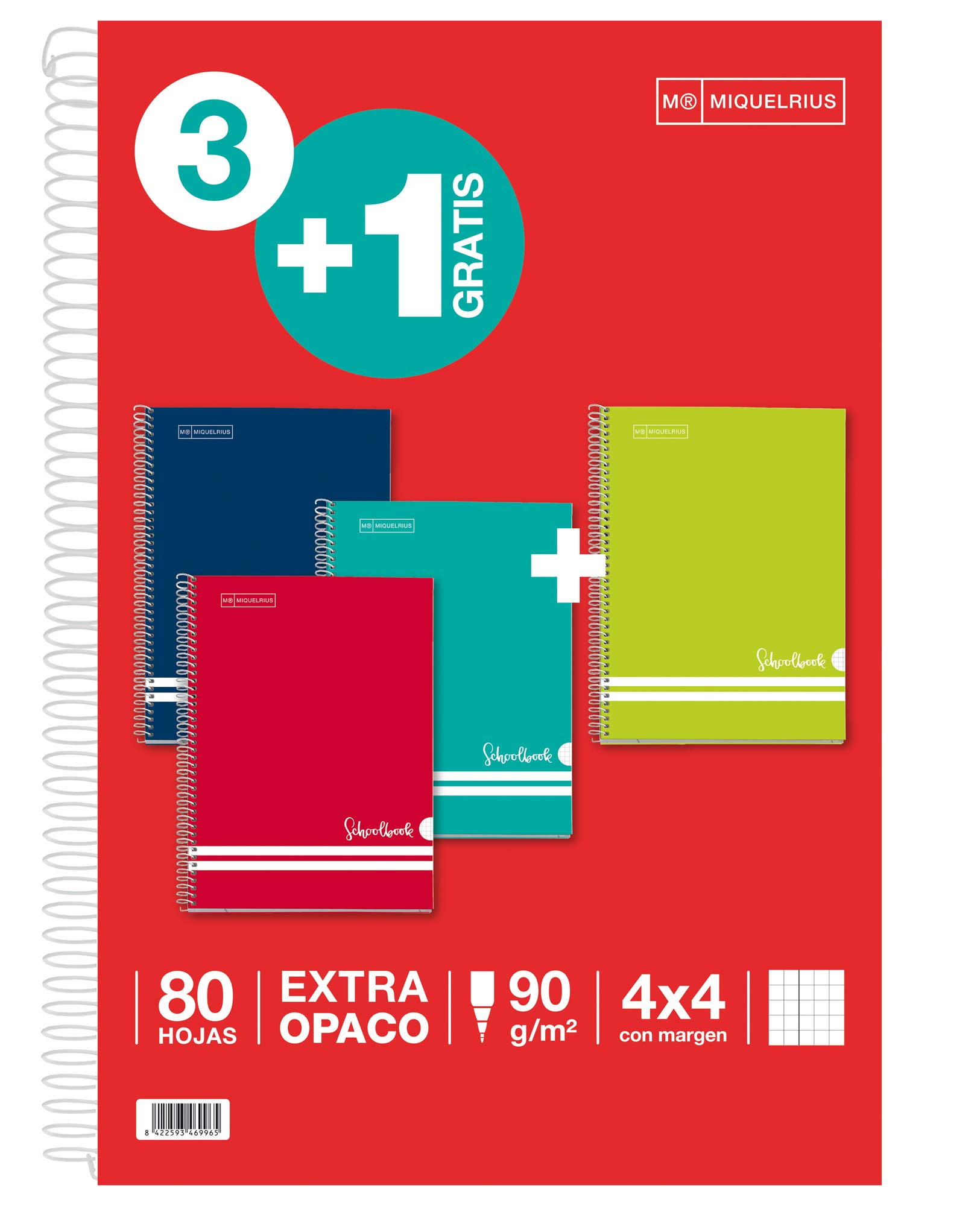Miquelrius - Pack of 3+1 Notebooks, Folio Notebook with Spiral, Lined Cardboard Cover, Size 215 x 309 mm, 80 Sheets of 90 g/m², 4 mm Grid with Margin, Intense Colours