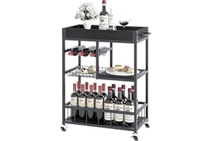 Azheruol Bar Cart with Basket 3 Tiers Home Rolling Wine Rack with Wheels Mobile Kitchen Industrial Vintage Style Wood Metal Serving Trolley Serving Cart,Black Frame Home Kitchen Shelf for Party