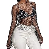 Yokawe Fishnet See Through Crop Top Long Sleeve Black Rhinestone Mesh Glitter Festival Top for Women