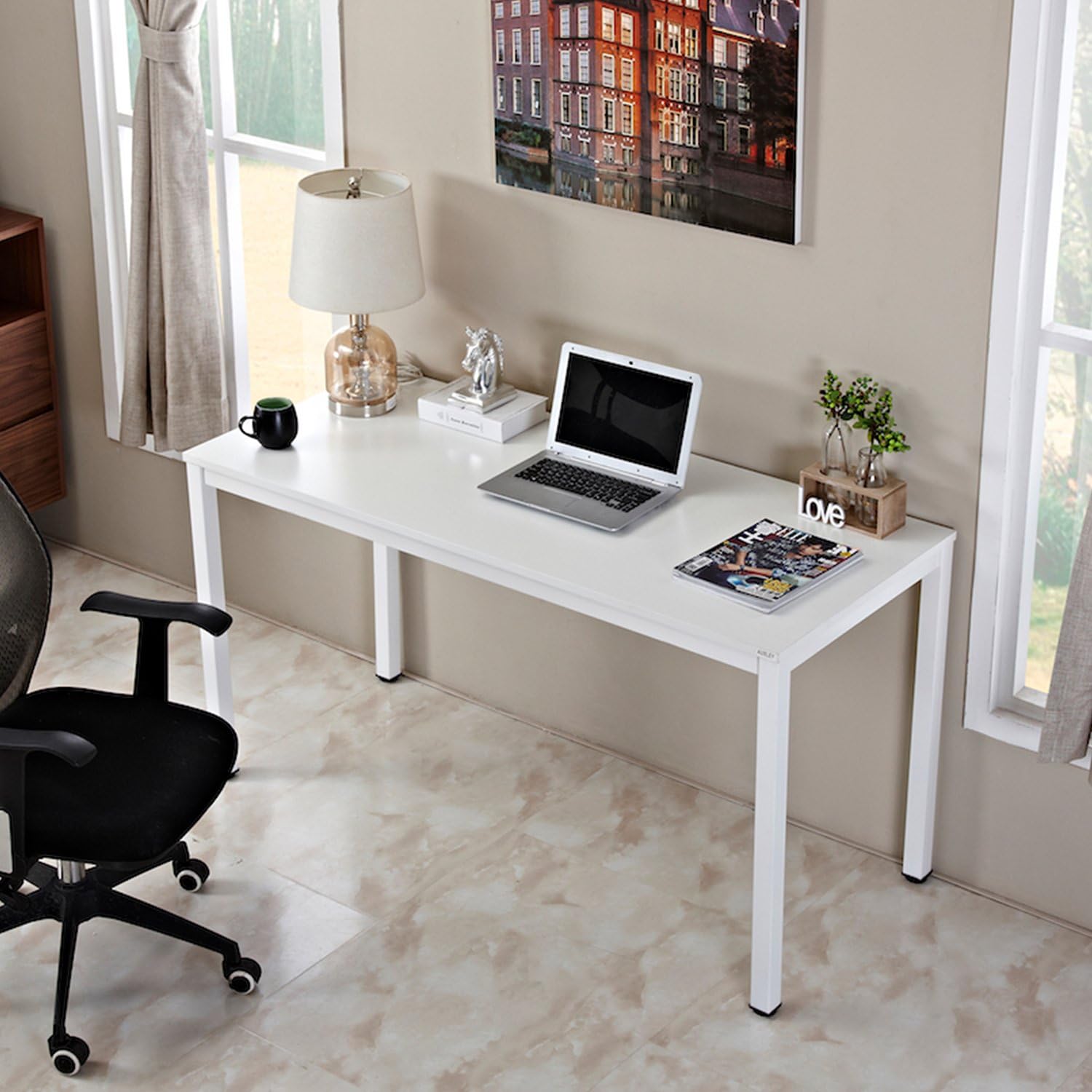 AUXLEY Computer Desk for Home Study, Waterproof and Anti-Scratch Double Deck Wood and Metal Office Table, 55'', White